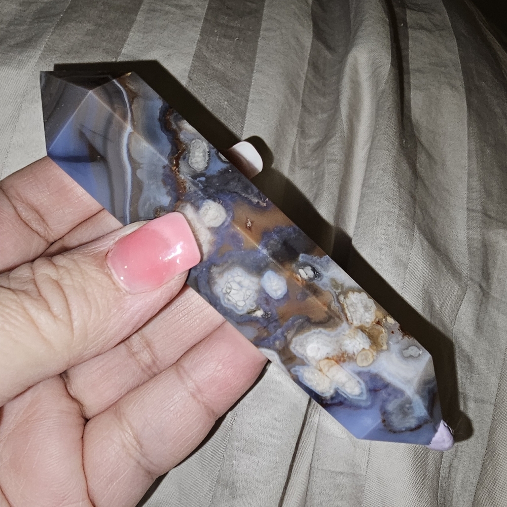 116 grams, BLUE FLOWER AGATE Double Terminated Point 24 x 117 mm (L x W), New!